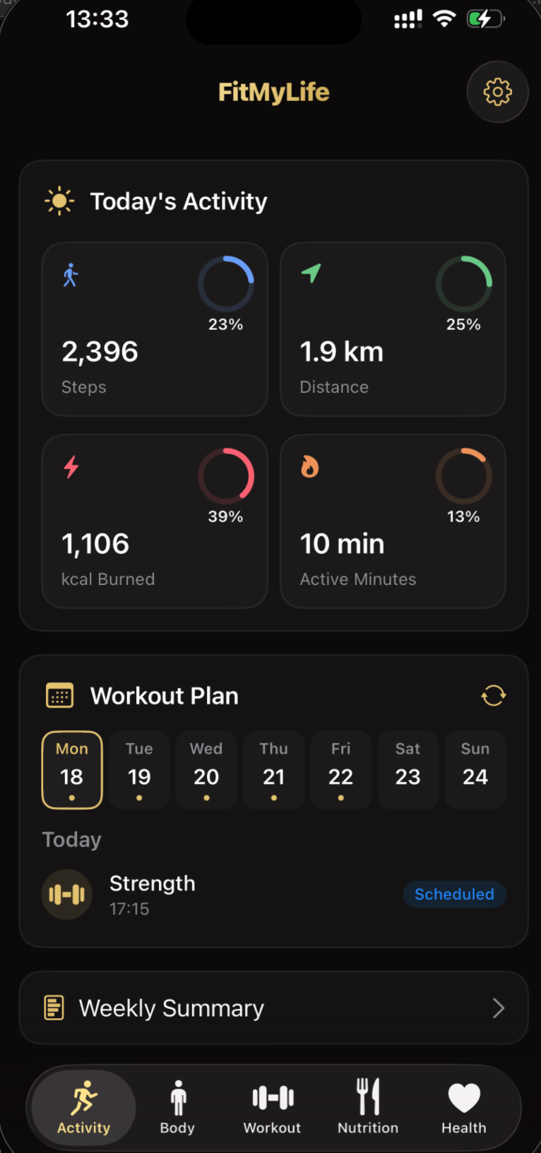 FitMyLife app — daily activity dashboard