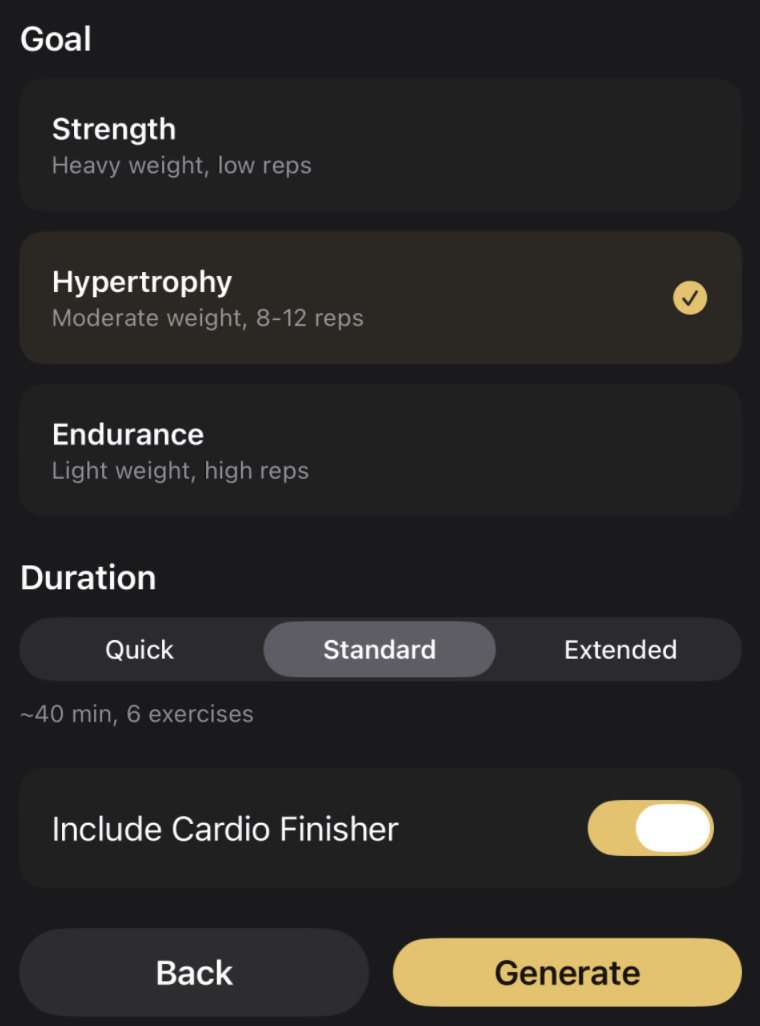 FitMyLife generator: pick goal and duration